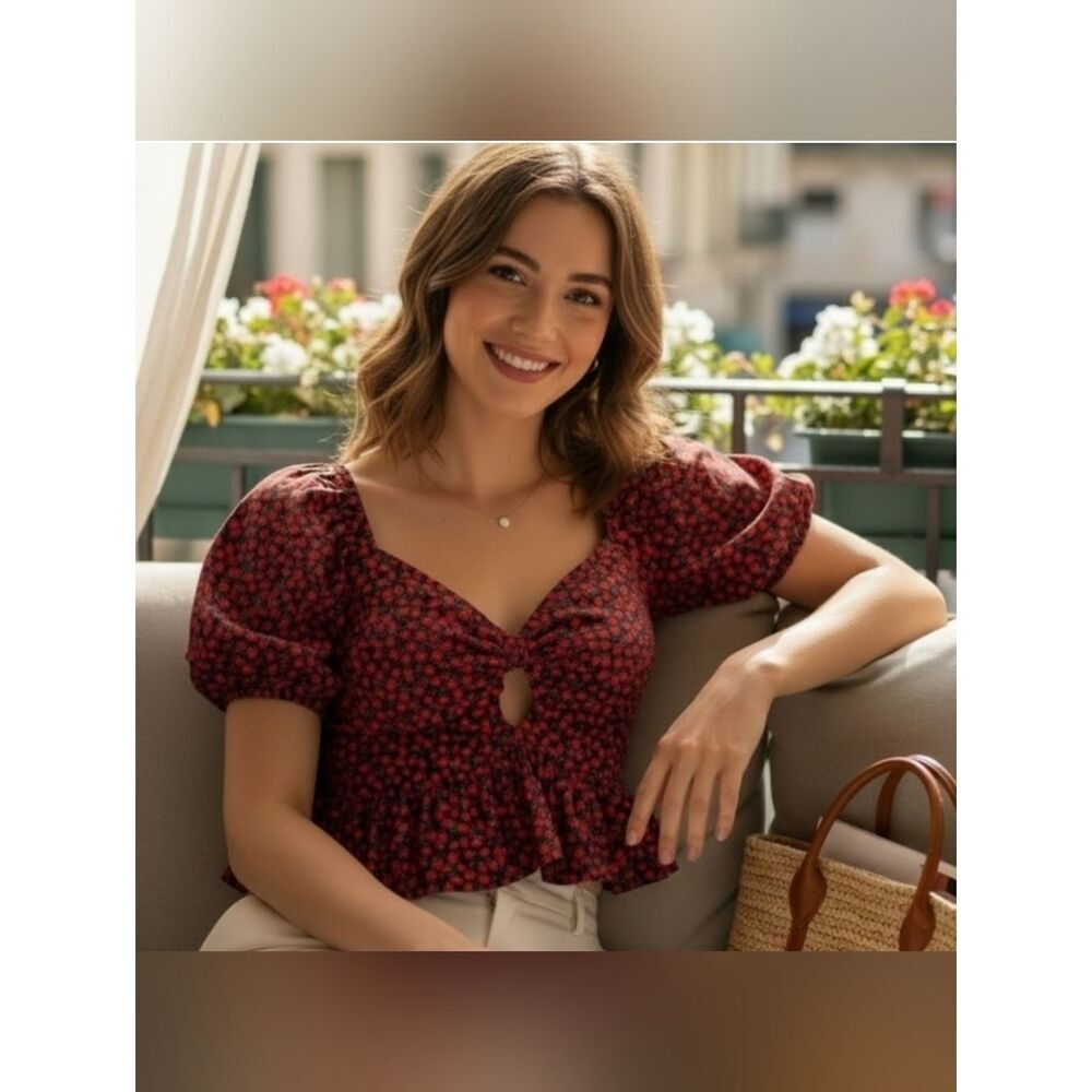 Chic Red and Black Puff Sleeve Blouse